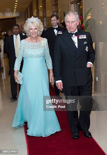 Camilla, Duchess of Cornwall and Prince Charles, Prince of Wales arrive at the CHOGM Dinner at the Cinnamon Lakeside Hotel during the Commonwealth...