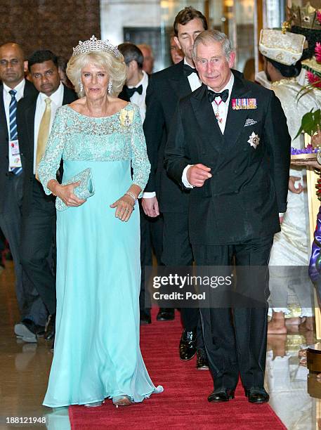 Camilla, Duchess of Cornwall and Prince Charles, Prince of Wales arrive at the CHOGM Dinner at the Cinnamon Lakeside Hotel during the Commonwealth...