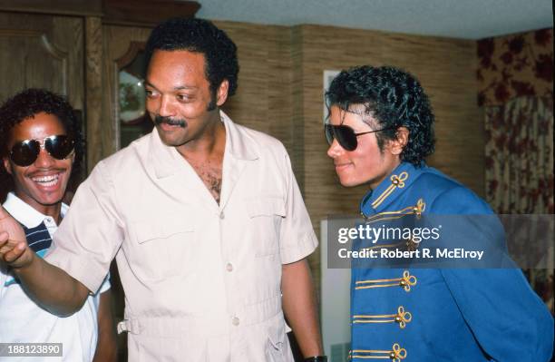 In a hotel room during the 1984 Democratic National Convention, American sibling pop singers Marlon and Michael Jackson attend a press conference...