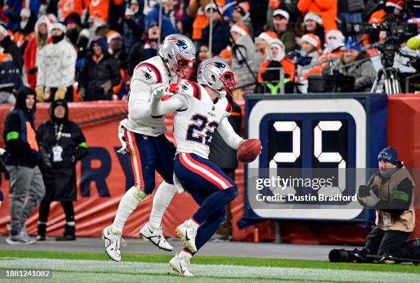 Safety Cody Davis of the New England Patriots celebrates after recovering a loose ball for a touchdwon after linebacker Marte Mapu of the New England...