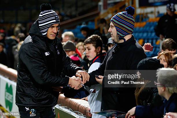 Sonny Bill Williams of New Zealand shakes hands with a fan after the Rugby League World Cup Quarter Final match at Headingley Stadium on November 15,...