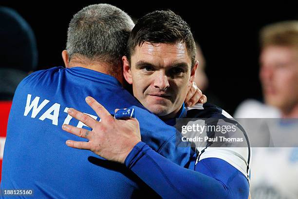 Danny Brough of Scotland hugs a staff member after the Rugby League World Cup Quarter Final match at Headingley Stadium on November 15, 2013 in...