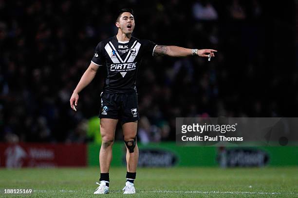 Shaun Johnson of New Zealand gestures during the Rugby League World Cup Quarter Final match at Headingley Stadium on November 15, 2013 in Leeds,...
