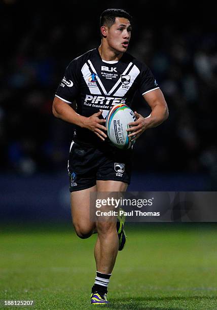 Roger Tuivasa-Sheck of New Zealand in action during the Rugby League World Cup Quarter Final match at Headingley Stadium on November 15, 2013 in...