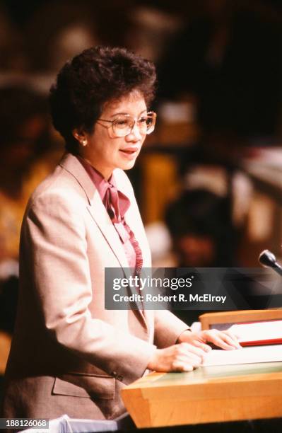 Filipino politician President Corazon Aquino addresses the United Nations General Assembly, New York, New York, September 22, 1986.