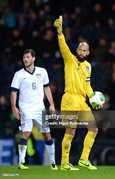 Tim Howard of USA gestures during the International Friendly match between Scotland and USA at Hampden Park on November 15, 2013 in Glasgow, Scotland.
