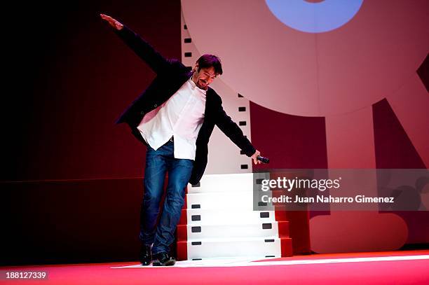 Spanish actor Carmelo Gomez receives 'Premio Nacho Martinez 2013' award during 51st Gijon International Film Festival opening ceremony at Teatro...