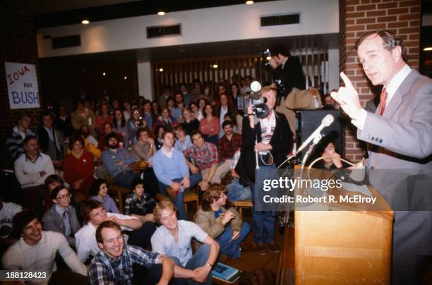 During his campaign for the Republican Presidential nomination, American politician George HW Bush speaks to students at the University of Iowa,...