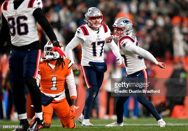 Place kicker Chad Ryland of the New England Patriots celebrates after kicking a field goal in the final seconds of the 4th quarter of the game...