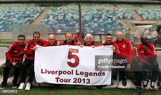 In this handout image provided by the ITM Group, the Liverpool FC Legends are shown during a training session at Moses Mabhida Stadium on November...