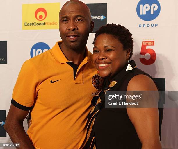 In this handout image provided by the ITM Group, Lucas Radebe attends the Liverpool FC Legends and Kaizer Chiefs Legends autograph session at...