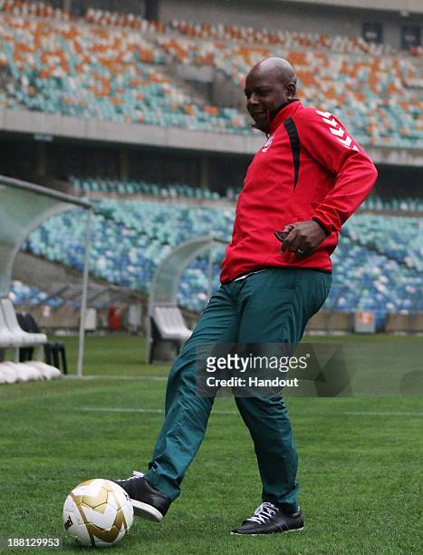 In this handout image provided by the ITM Group, Michael Thomas attends a training session of the Liverpool FC Legends at Moses Mabhida Stadium on...