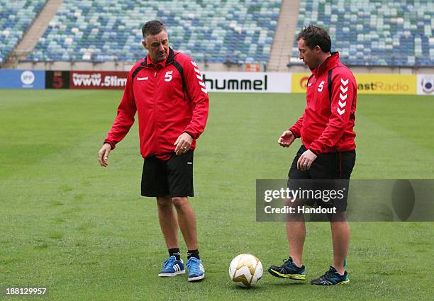 In this handout image provided by the ITM Group, John Aldridge and Robbie Fowler during the Liverpool FC Legends training session at Moses Mabhida...