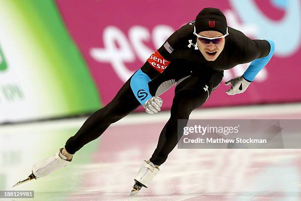 Tucker Fredricks skates in the men's 500 meter during the Essent ISU Long Track World Cup at the Utah Olympic Oval on November 15, 2013 in Salt Lake...