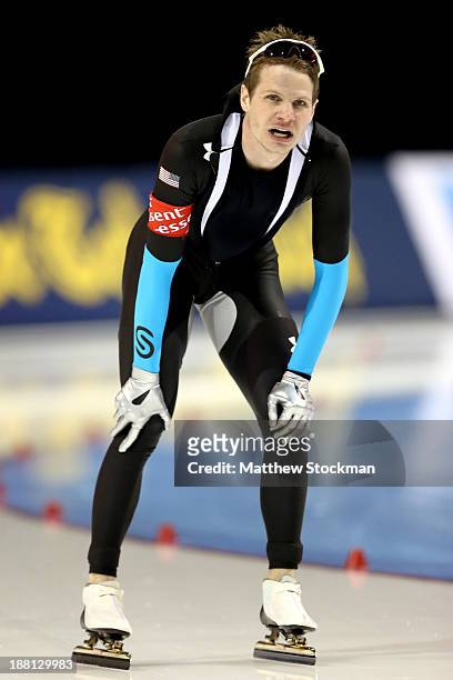 Tucker Fredricks cools down after skating in the men's 500 meter during the Essent ISU Long Track World Cup at the Utah Olympic Oval on November 15,...