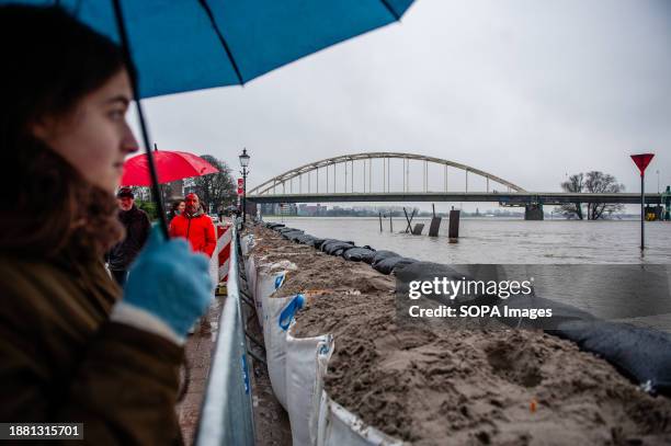 Woman is seen looking at the river almost flooding the city. Due to the rising water in the IJssel River, the municipality of the Deventer is placing...