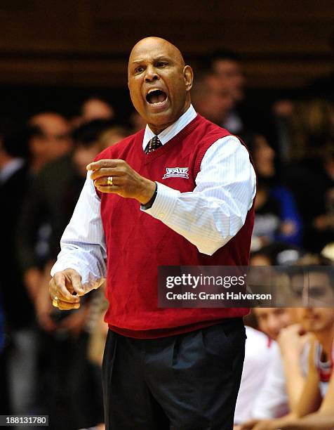 Head coach Mike Jarvis of the Florida Atlantic Owls directs his team during a game against the Duke Blue Devils at Cameron Indoor Stadium on November...