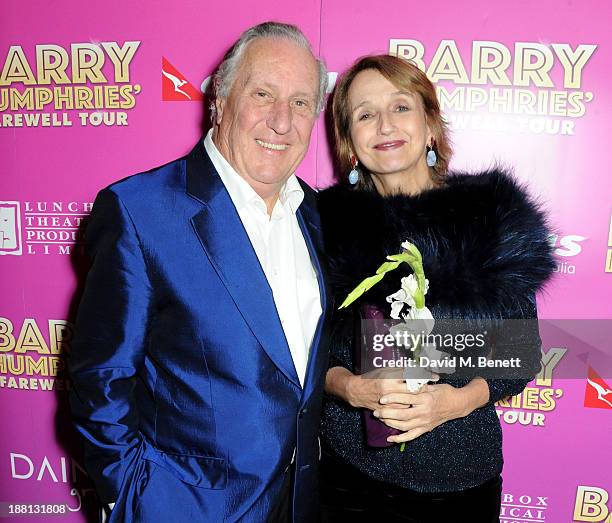 Frederick Forsyth and Sandy Molloy attend an after party celebrating the press night performance of 'Barry Humphries' Eat, Pray, Laugh!' at One...