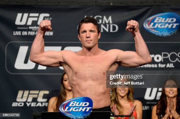 Chael Sonnen weighs in during the UFC 167 weigh-in event at the MGM Grand Garden Arena on November 15, 2013 in Las Vegas, Nevada.