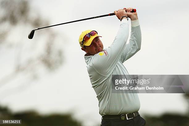 Jarrod Lyle of Australia plays an approach shot during round three of the 2013 Australian Masters at Royal Melbourne Golf Course on November 16, 2013...