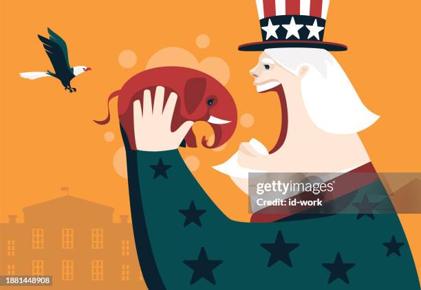 uncle sam going to eat red elephant - uncle sam stock illustrations