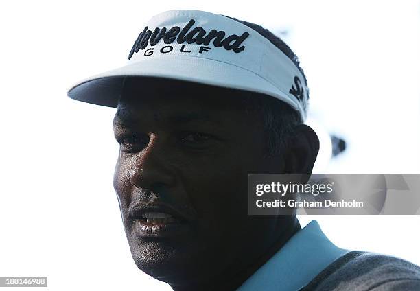 Vijay Singh of Fiji talks to the media following round three of the 2013 Australian Masters at Royal Melbourne Golf Course on November 16, 2013 in...