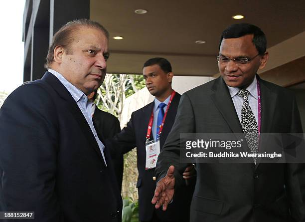 Pakistan Prime Minister Muhammad Nawaz sharif arrives for a working session of the Commonwealth Heads of Government Meeting at Waters Edge on...