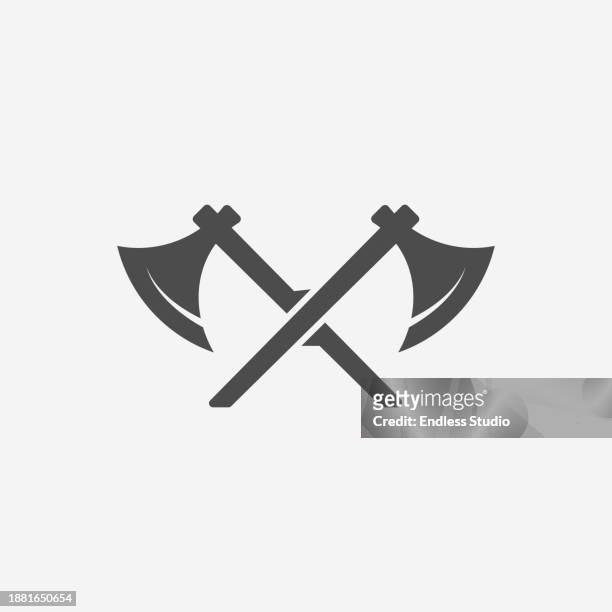 zwei gekreuzte axt-vektor-silhouette ikone - holzhacken stock-grafiken, -clipart, -cartoons und -symbole