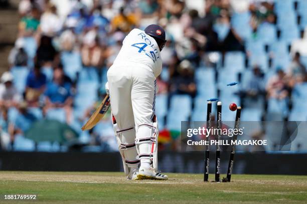 India's Rohit Sharma is bowled by South Africa's Kagiso Rabada during the third day of the first cricket Test match between South Africa and India at...