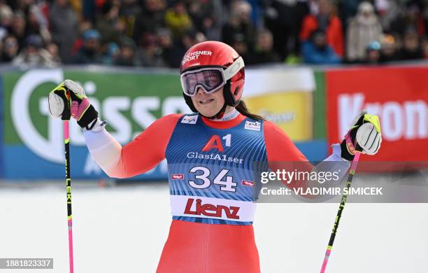 Switzerland's Melanie Meillard reacts after finishing the second run of the Women's Giant Slalom race at the FIS Alpine Skiing World Cup event on...