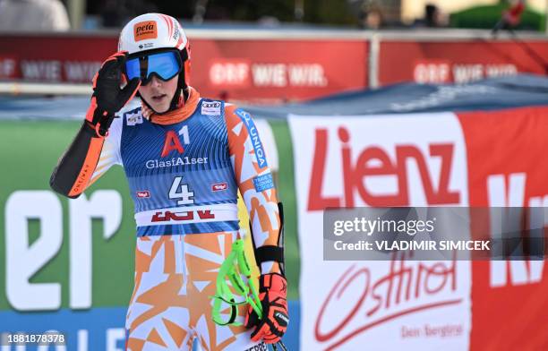 Slovakia's Petra Vlhova reacts after finishing the second run of the Women's Giant Slalom race at the FIS Alpine Skiing World Cup event on December...