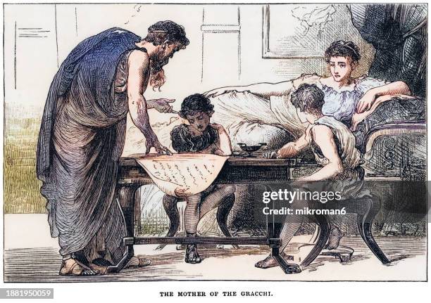 old engraved illustration of cornelia, mother of the gracchi, with her sons - roma antiga imagens e fotografias de stock