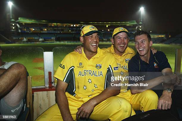 Andrew Symonds, Ricky Ponting and Brett Lee of Australia reflect on their win after the ICC Cricket World Cup semi final match between Sri Lanka and...