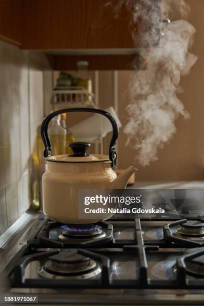 steam coming out of kettle in kitchen gas stove - kettle steam stock pictures, royalty-free photos & images