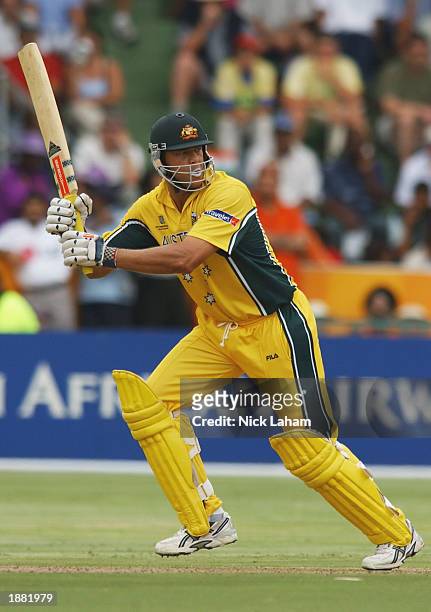Andrew Symonds of Australia in action during the ICC Cricket World Cup semi final match between Sri Lanka and Australia held on March 18, 2003 at St...