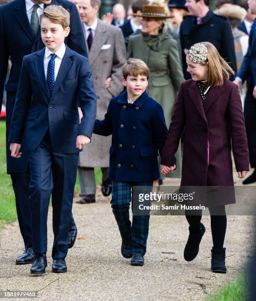 Prince George of Wales, Prince Louis of Wales and Mia Tindall attend the Christmas Morning Service at Sandringham Church on December 25, 2023 in...