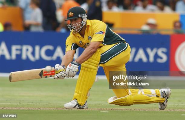 Andrew Symonds of Australia in action during the ICC Cricket World Cup semi final match between Sri Lanka and Australia held on March 18, 2003 at St...