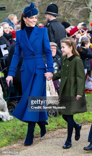 Catherine, Princess of Wales and Princess Charlotte of Wales attend the Christmas Morning Service at Sandringham Church on December 25, 2023 in...