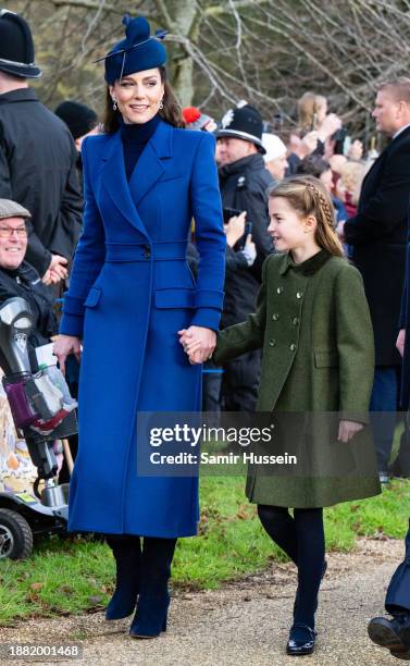 Catherine, Princess of Wales and Princess Charlotte of Wales attend the Christmas Morning Service at Sandringham Church on December 25, 2023 in...