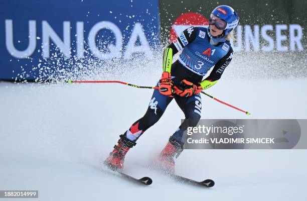 Mikaela Shiffrin reacts in the finish area after the second run of the Women's Giant Slalom race at the FIS Alpine Skiing World Cup event on December...