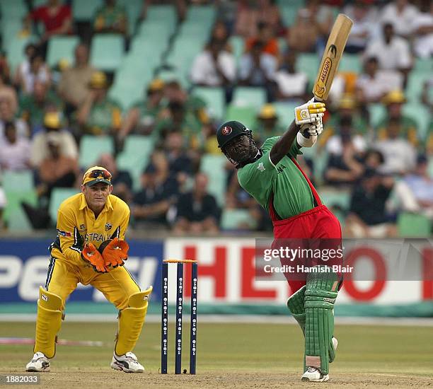 Steve Tikolo of Kenya hits out during the World Cup Super Six One Day International match between Australia and Kenya held on March 15, 2003 played...