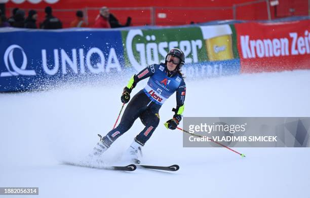 Sweden's Sara Hector reacts in the finish area after the second run of the Women's Giant Slalom race at the FIS Alpine Skiing World Cup event on...