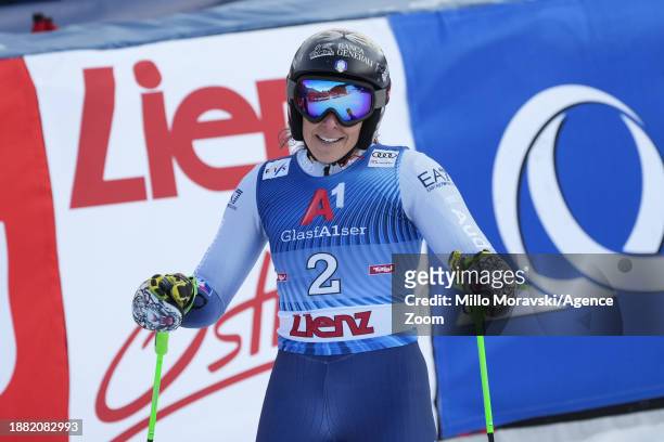 Federica Brignone of Team Italy celebrates during the Audi FIS Alpine Ski World Cup Women's Giant Slalom on December 28, 2023 in Lienz, Austria.