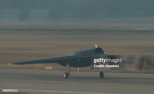 Screen grab from a video shows the unmanned combat aerial vehicle Anka 3, developed by Turkish Aerospace Industries Inc , successfully completes its...