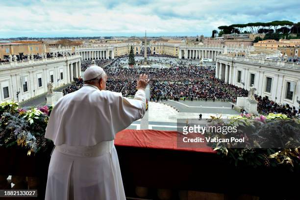 Pope Francis delivers his "Urbi et Orbi" blessing from the central loggia of Saint Peter's Basilica on December 25, 2023 in Vatican City, Vatican....