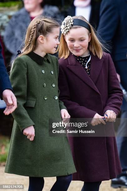 Princess Charlotte of Wales and Mia Tindall attend the Christmas Morning Service at Sandringham Church on December 25, 2023 in Sandringham, Norfolk.