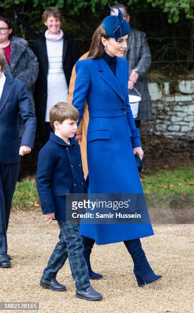 Prince Louis of Wales and Catherine, Princess of Wales attend the Christmas Morning Service at Sandringham Church on December 25, 2023 in...
