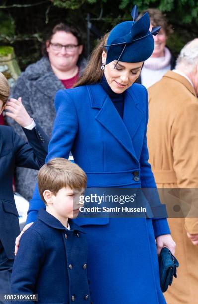 Prince Louis of Wales and Catherine, Princess of Wales attend the Christmas Morning Service at Sandringham Church on December 25, 2023 in...