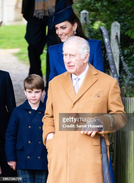 Prince Louis of Wales, Catherine, Princess of Wales and King Charles III attend the Christmas Morning Service at Sandringham Church on December 25,...