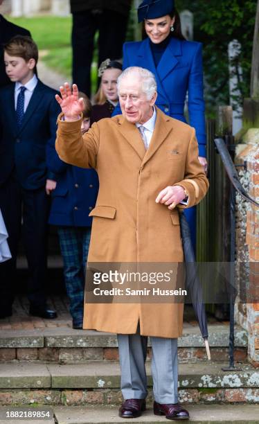 King Charles III, Prince George and Catherine, Princess of Wales attend the Christmas Morning Service at Sandringham Church on December 25, 2023 in...